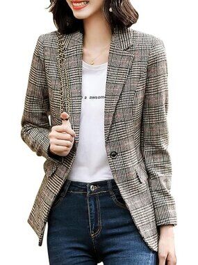 Gap Blazer Jacket Plaid Womens Size 2 Gray Black Checkered Notch Lapel Long Slee